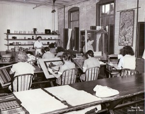 rug hooking class at MCI-Framingham, 1948; photo via Framingham Public Library