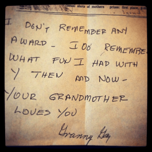 a note from my grandmother, in her familiar handwriting, about the picture of us (above) that won a Mother's Day photo contest in the Houston Post; photo by salem pearce via instagram
