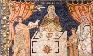 Malchitzedek as priest -- with Abel and lamb and Abraham and Isaac. Mosaic at Basilica of St. Vitale in Ravenna, Italy.